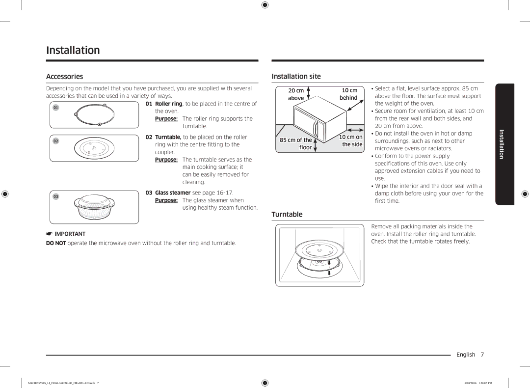 Samsung MS23K3555ES/LI manual Accessories Installation site, Turntable 