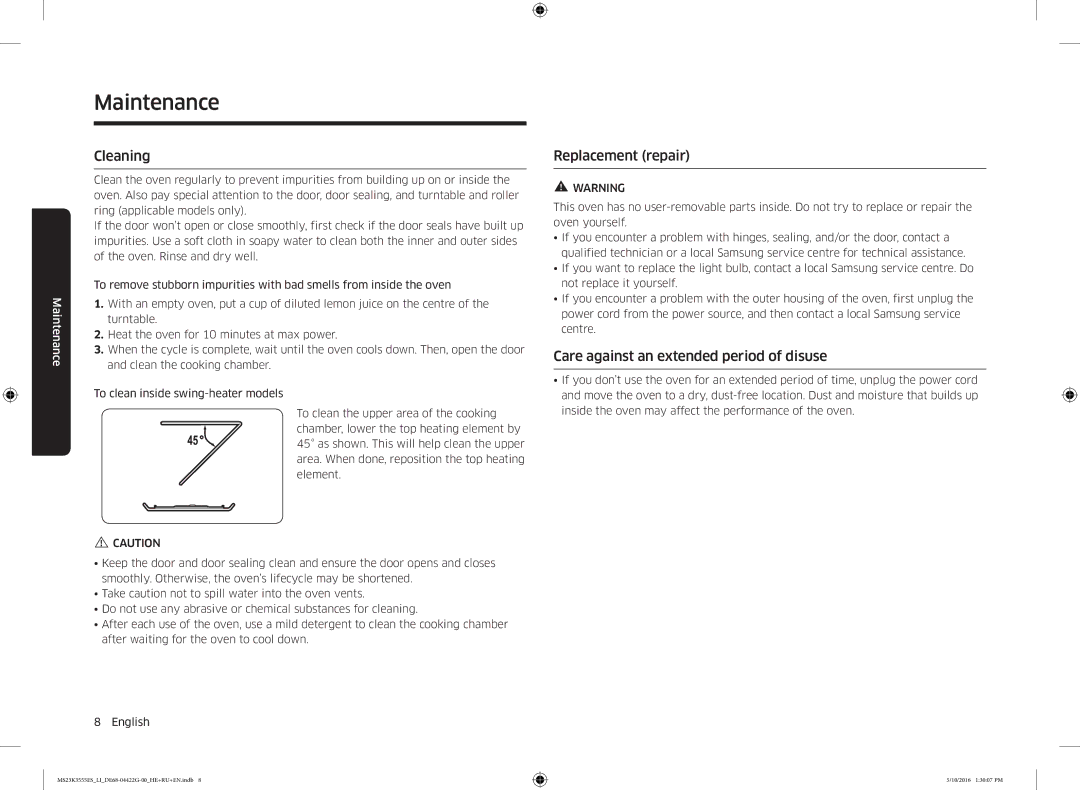 Samsung MS23K3555ES/LI manual Maintenance, Cleaning, Replacement repair, Care against an extended period of disuse 