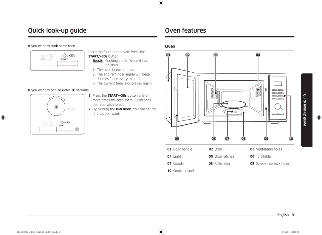 Samsung MS23K3555ES/LI manual Quick look-up guide, Oven features, Control panel English  