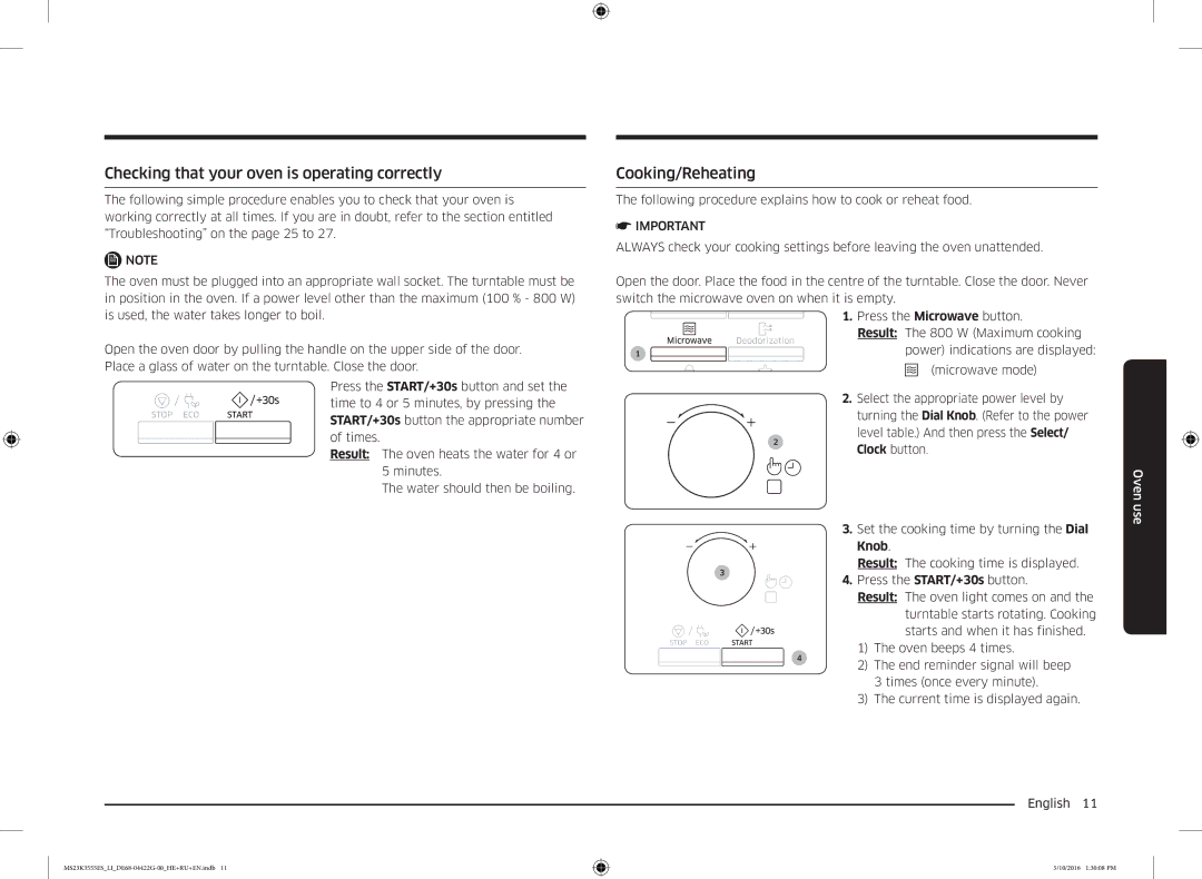 Samsung MS23K3555ES/LI manual Checking that your oven is operating correctly, Cooking/Reheating, Knob 