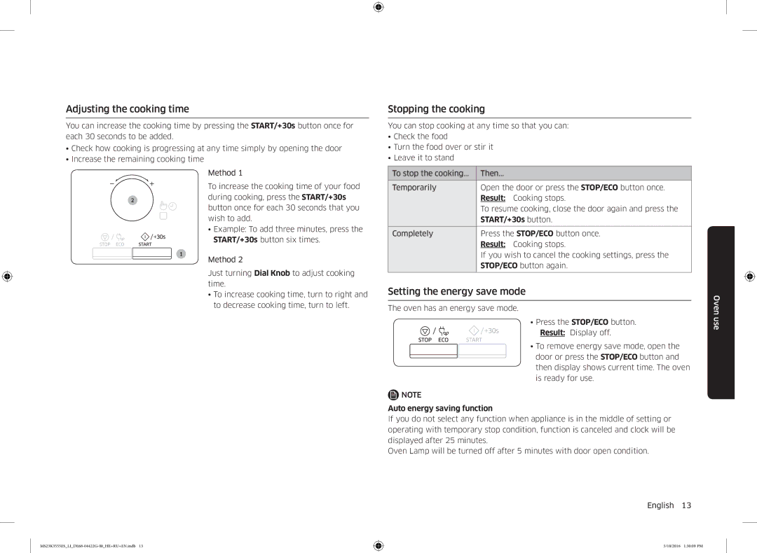 Samsung MS23K3555ES/LI manual Adjusting the cooking time, Stopping the cooking, Setting the energy save mode 