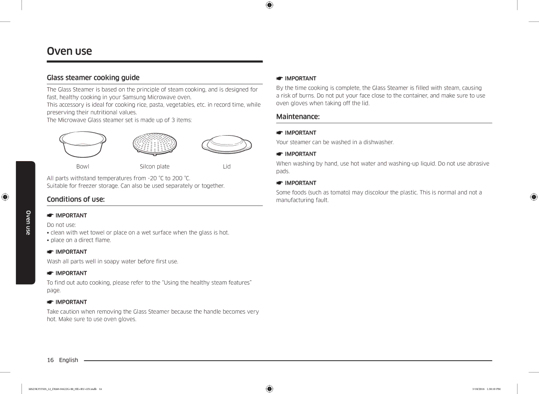 Samsung MS23K3555ES/LI manual Glass steamer cooking guide, Conditions of use 