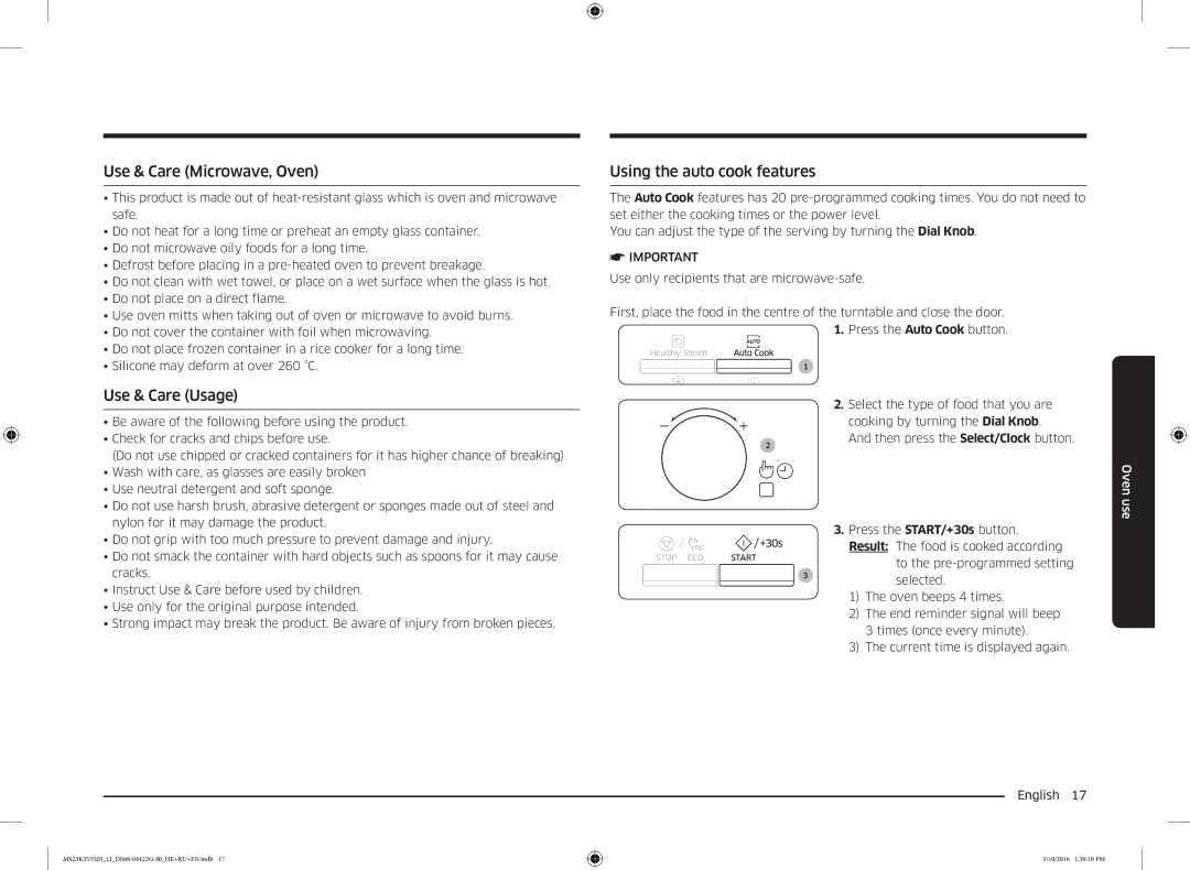 Samsung MS23K3555ES/LI manual Use & Care Microwave, Oven, Using the auto cook features, Use & Care Usage 