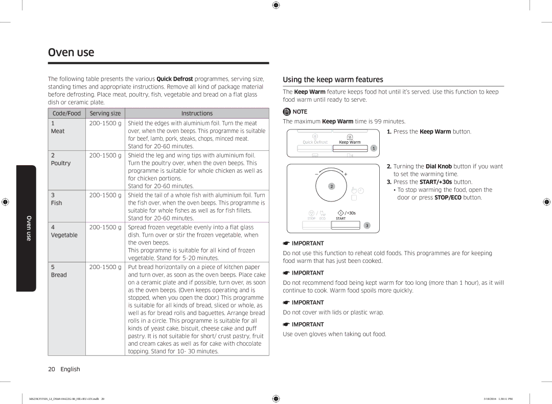 Samsung MS23K3555ES/LI manual Using the keep warm features, For beef, lamb, pork, steaks, chops, minced meat 