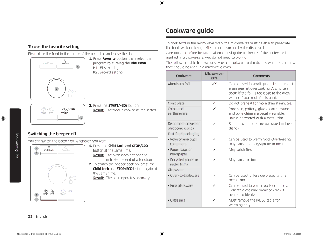 Samsung MS23K3555ES/LI manual Cookware guide, To use the favorite setting, Switching the beeper off 