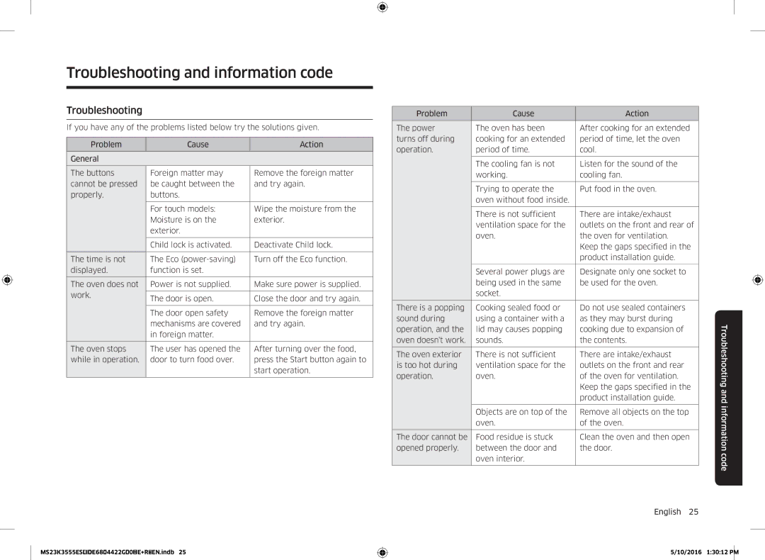 Samsung MS23K3555ES/LI manual Troubleshooting and information code 