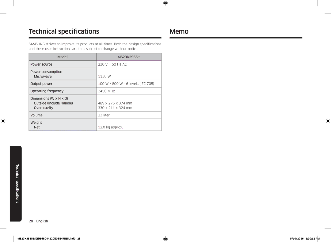 Samsung MS23K3555ES/LI manual Technical specifications Memo 