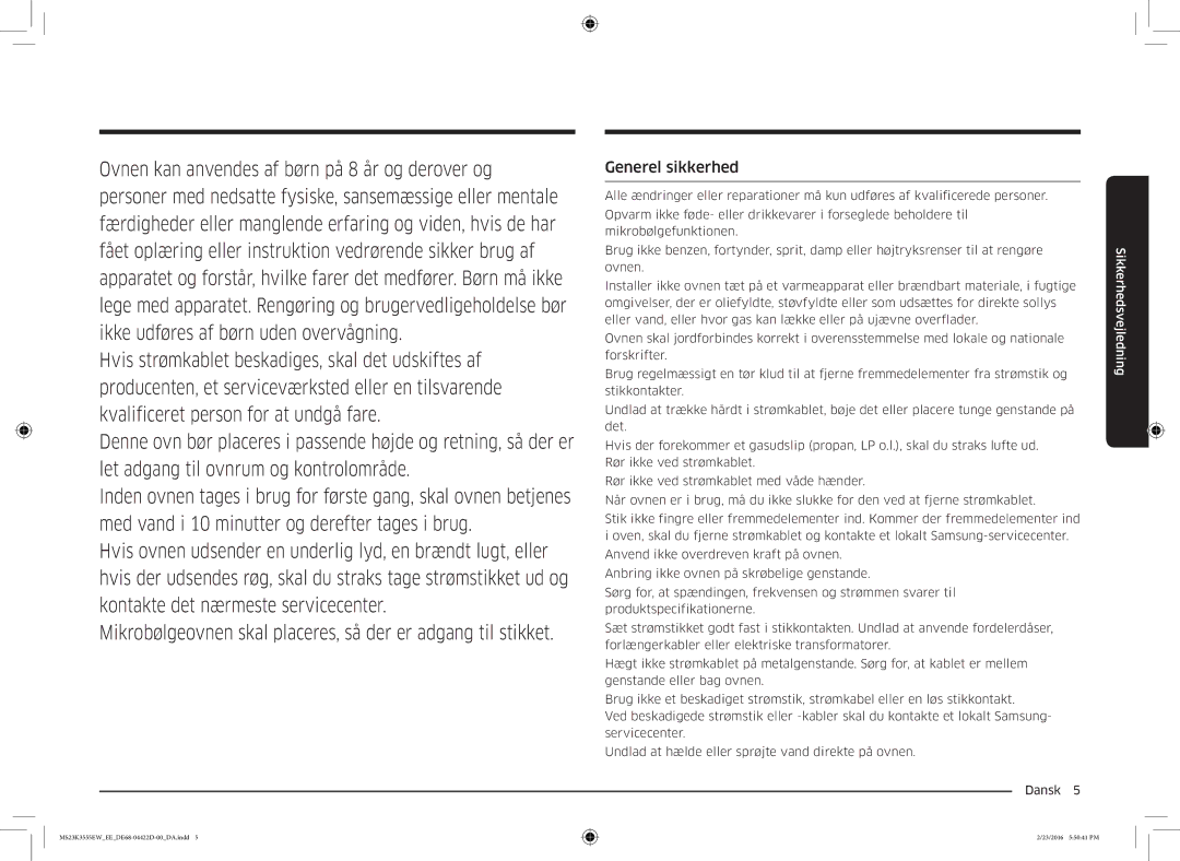 Samsung MS23K3555EW/EE manual Generel sikkerhed 