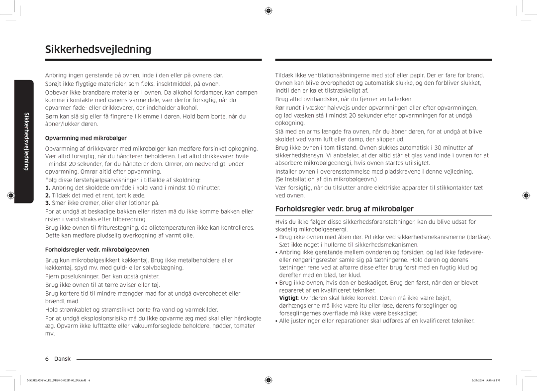 Samsung MS23K3555EW/EE manual Forholdsregler vedr. brug af mikrobølger 