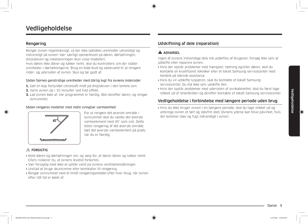 Samsung MS23K3555EW/EE manual Vedligeholdelse, Rengøring, Udskiftning af dele reparation 