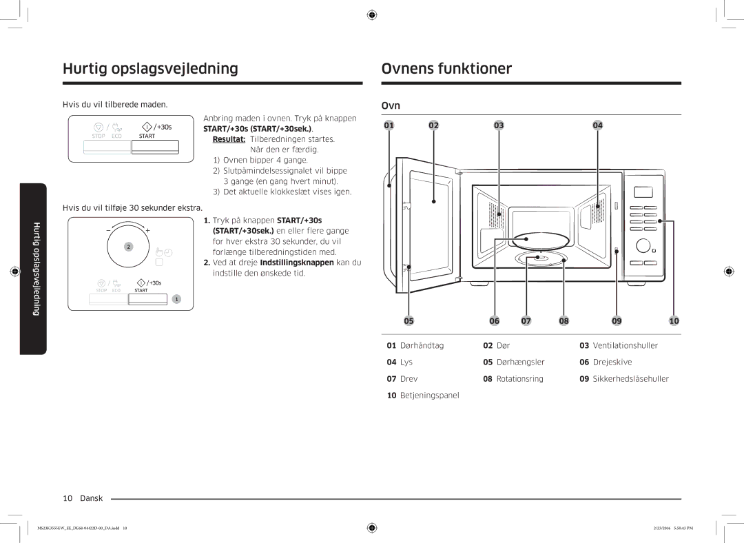 Samsung MS23K3555EW/EE manual Hurtig opslagsvejledning Ovnens funktioner 