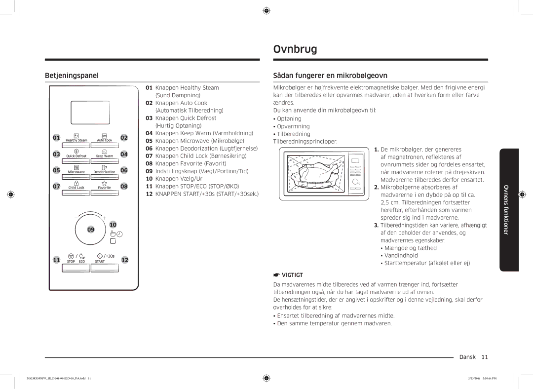 Samsung MS23K3555EW/EE manual Ovnbrug, Betjeningspanel, Sådan fungerer en mikrobølgeovn 