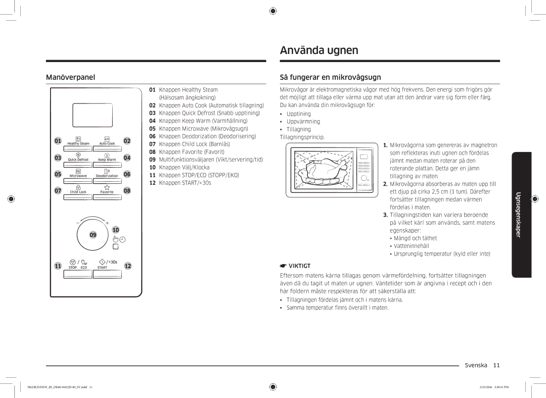 Samsung MS23K3555EW/EE manual Använda ugnen, Manöverpanel, Så fungerar en mikrovågsugn 