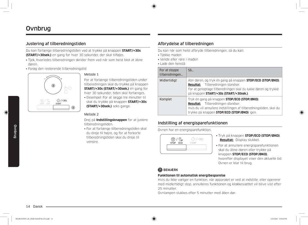 Samsung MS23K3555EW/EE Justering af tilberedningstiden, Afbrydelse af tilberedningen, Indstilling af energisparefunktionen 