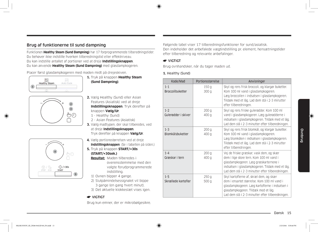 Samsung MS23K3555EW/EE manual Brug af funktionerne til sund dampning, Sund Dampning 