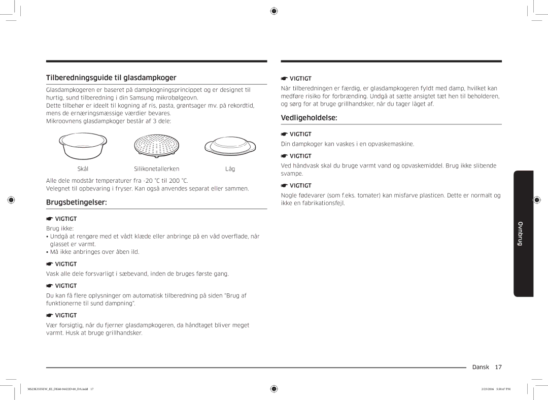 Samsung MS23K3555EW/EE manual Tilberedningsguide til glasdampkoger, Brugsbetingelser 