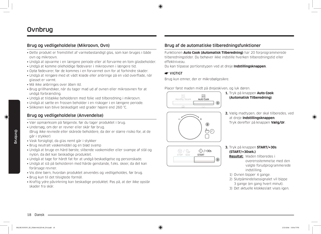 Samsung MS23K3555EW/EE manual Brug og vedligeholdelse Mikroovn, Ovn, Automatisk Tilberedning 