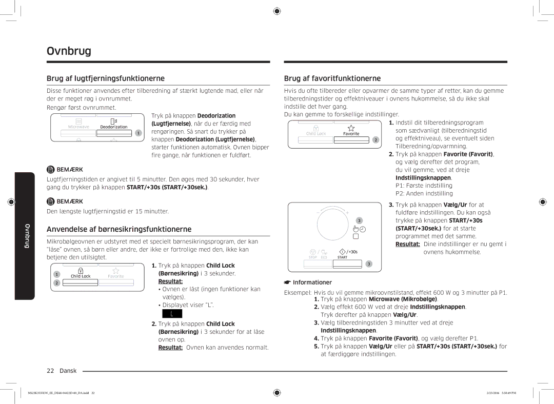 Samsung MS23K3555EW/EE manual Brug af lugtfjerningsfunktionerne, Brug af favoritfunktionerne 