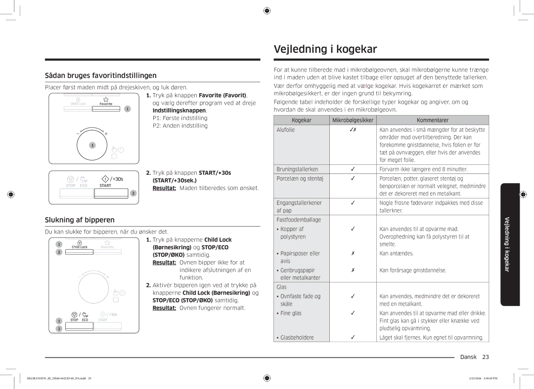 Samsung MS23K3555EW/EE Vejledning i kogekar, Sådan bruges favoritindstillingen, Slukning af bipperen, STOP/ØKO samtidig 