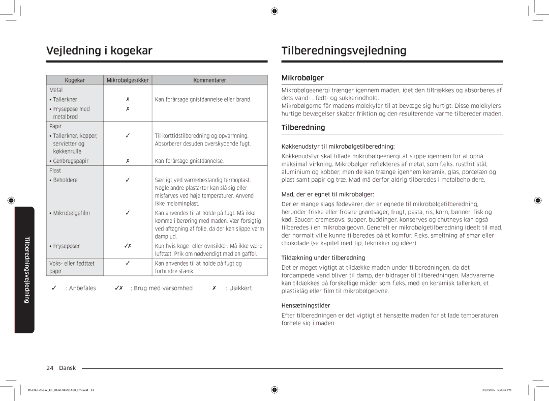 Samsung MS23K3555EW/EE manual Tilberedningsvejledning, Mikrobølger 