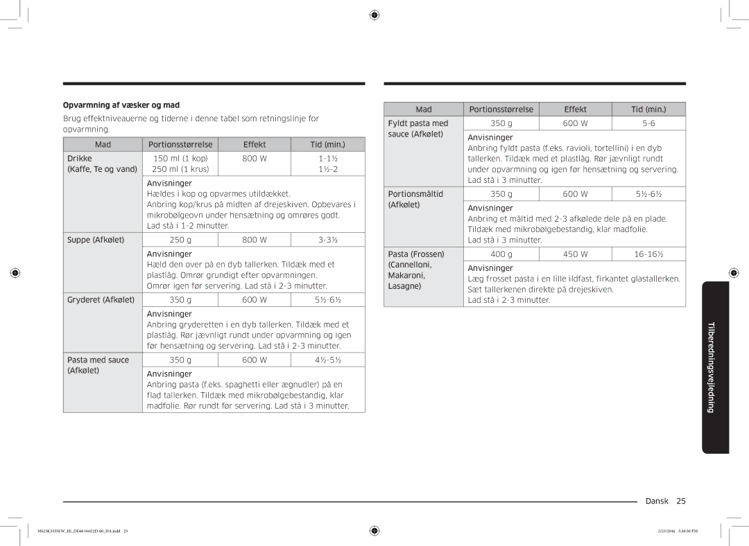 Samsung MS23K3555EW/EE manual Opvarmning af væsker og mad 