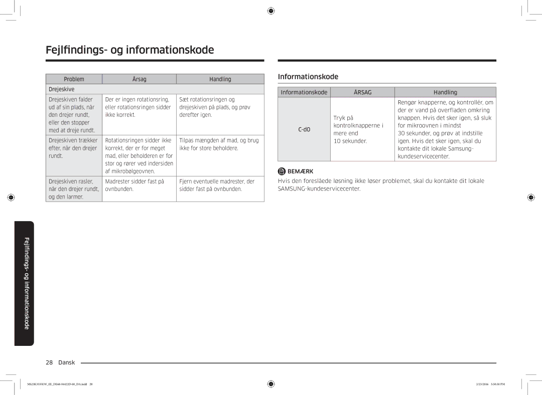 Samsung MS23K3555EW/EE manual Fejlfindings- og informationskod, Informationskode, Årsag 