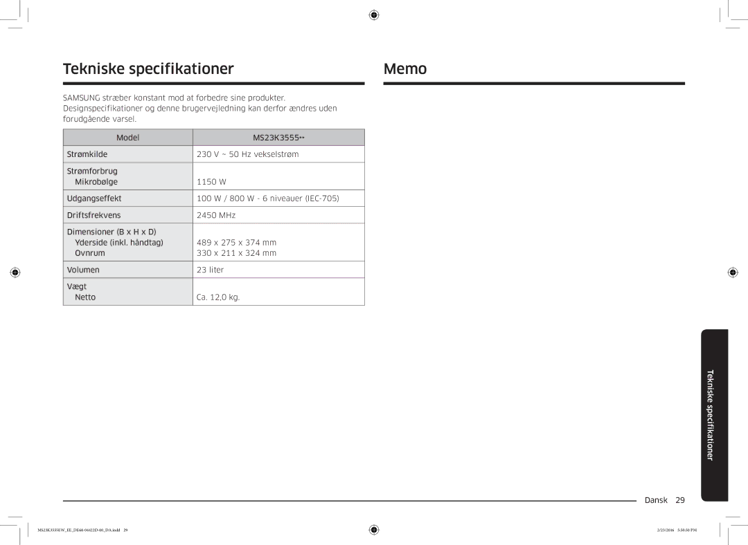 Samsung MS23K3555EW/EE manual Tekniske specifikationer Memo 