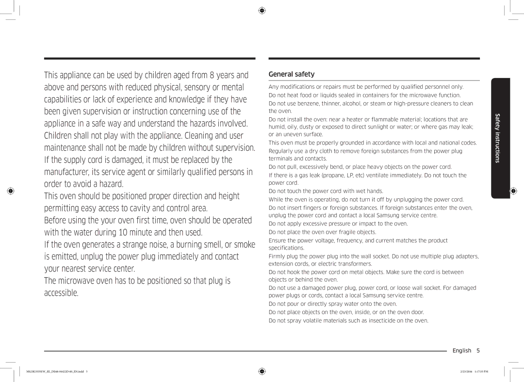 Samsung MS23K3555EW/EE manual General safety 