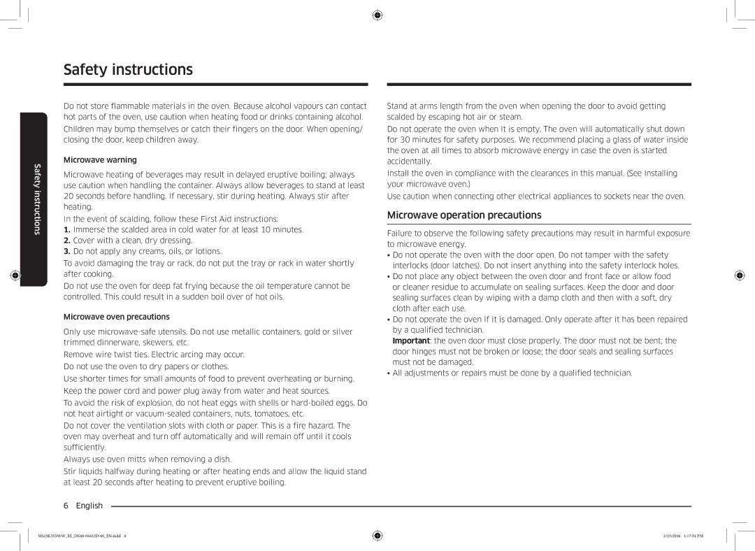 Samsung MS23K3555EW/EE manual Microwave operation precautions 