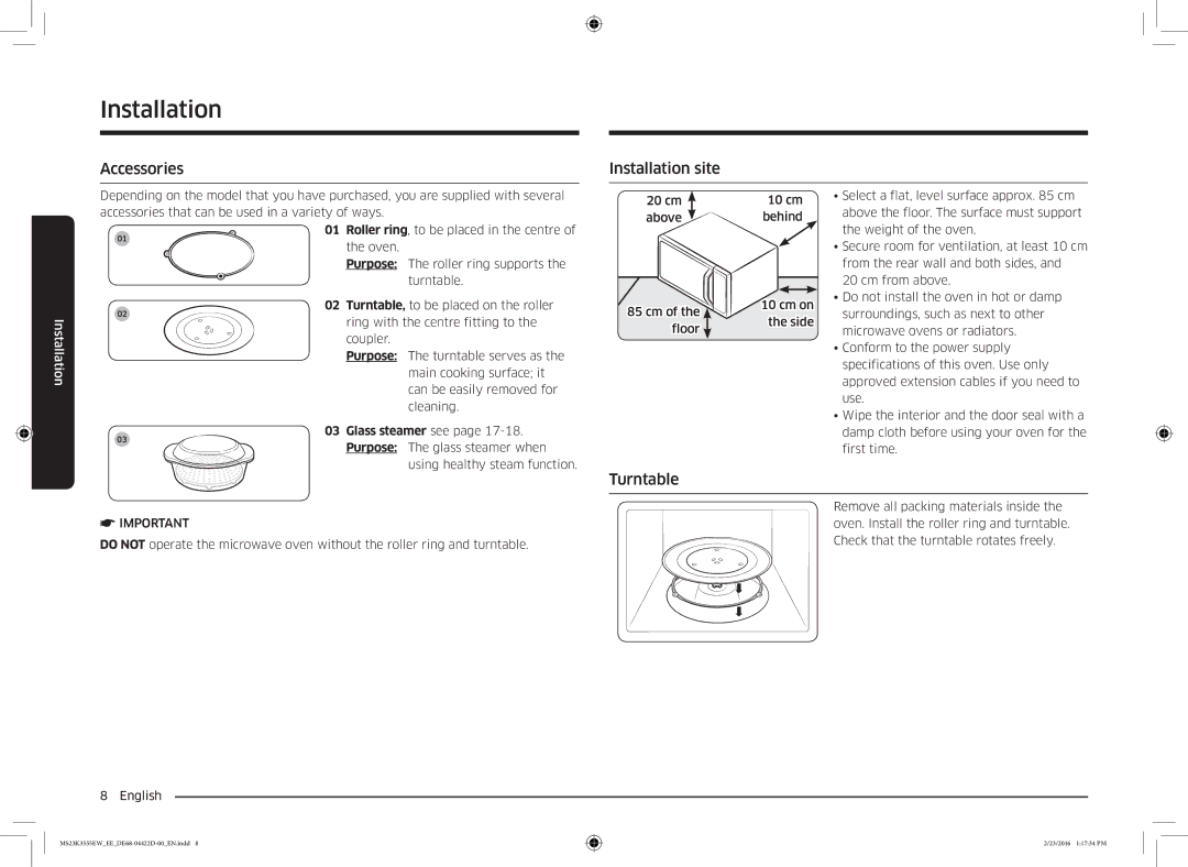 Samsung MS23K3555EW/EE manual Accessories Installation site, Turntable 