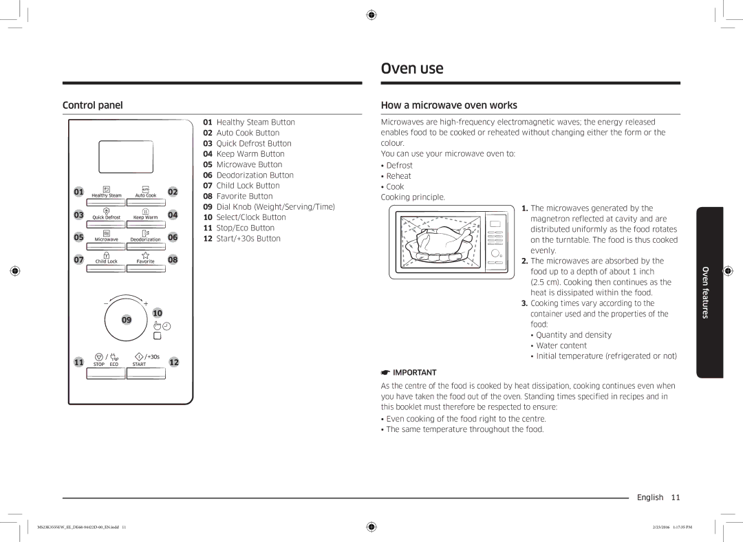 Samsung MS23K3555EW/EE manual Oven use, Control panel, How a microwave oven works 