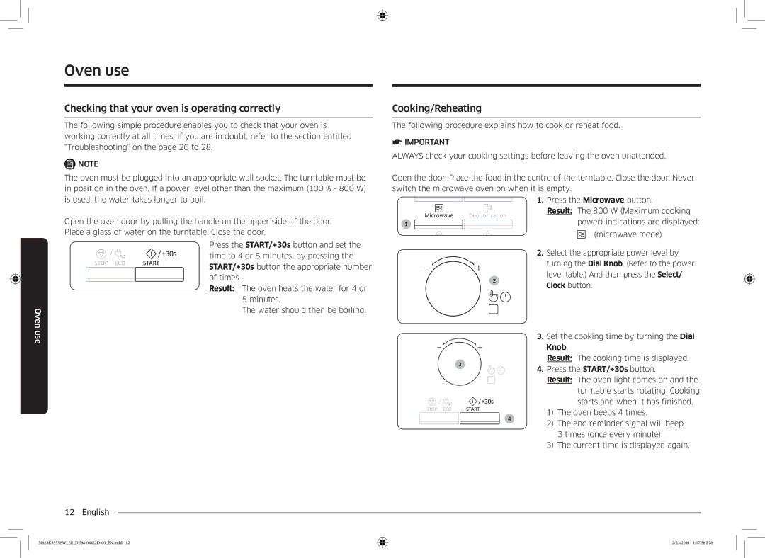 Samsung MS23K3555EW/EE manual Checking that your oven is operating correctly, Cooking/Reheating, Knob 