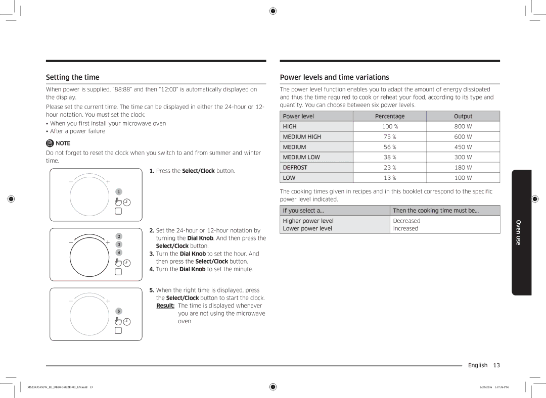 Samsung MS23K3555EW/EE manual Setting the time, Power levels and time variations 