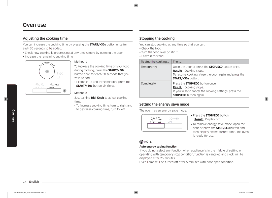 Samsung MS23K3555EW/EE manual Adjusting the cooking time, Stopping the cooking, Setting the energy save mode 