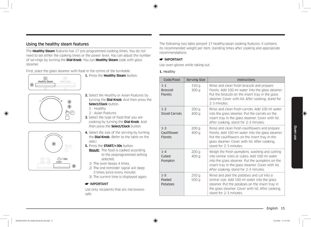 Samsung MS23K3555EW/EE manual Using the healthy steam features 