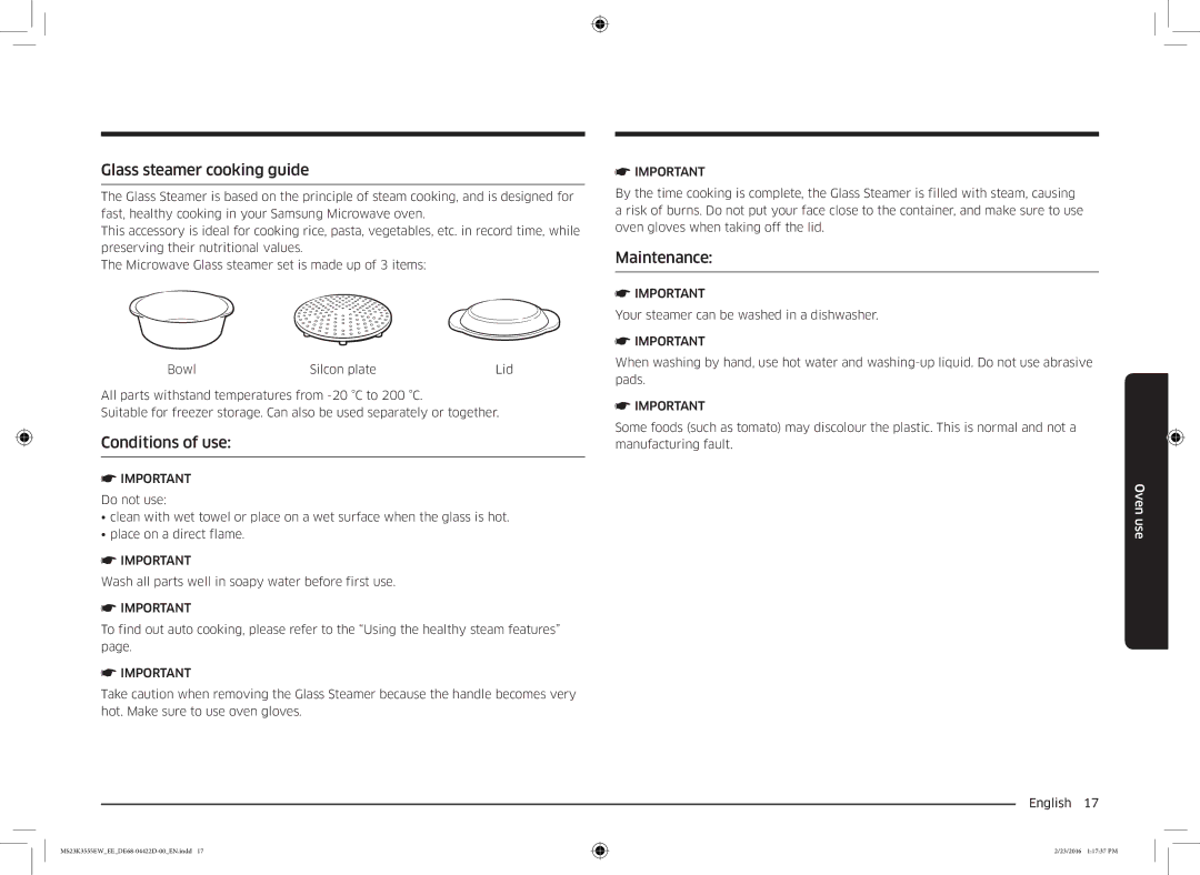 Samsung MS23K3555EW/EE manual Glass steamer cooking guide, Conditions of use 