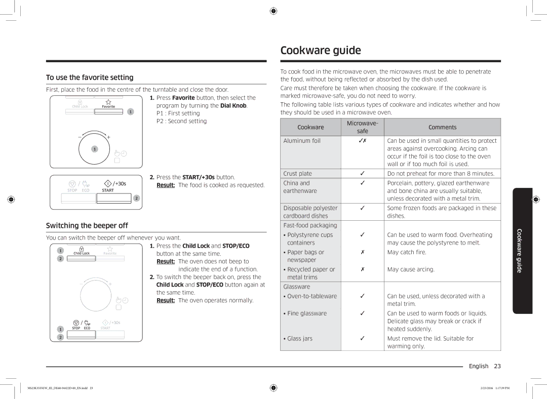 Samsung MS23K3555EW/EE manual Cookware guide, To use the favorite setting, Switching the beeper off 