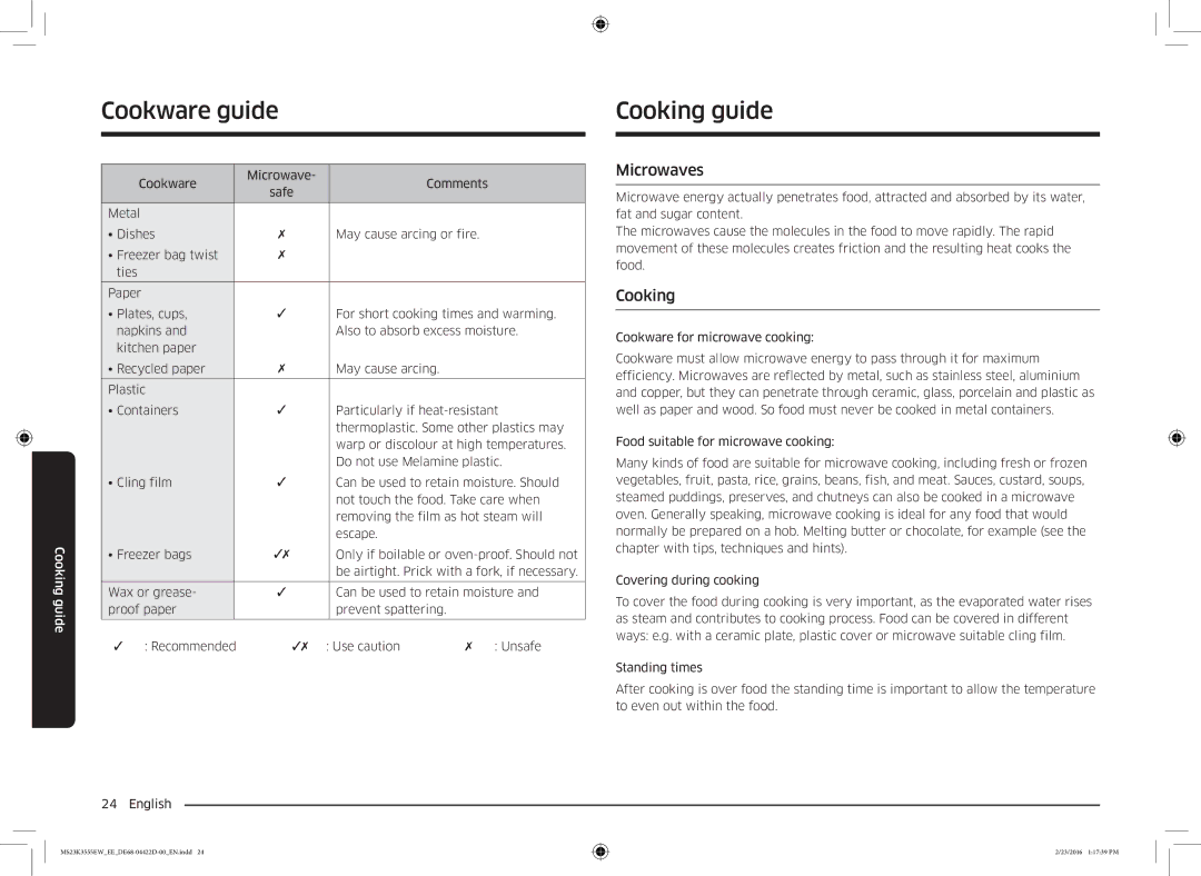 Samsung MS23K3555EW/EE manual Cooking guide, Microwaves 