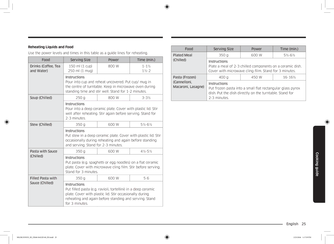 Samsung MS23K3555EW/EE manual Reheating Liquids and Food 