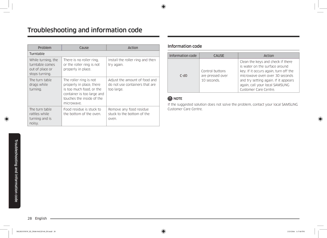 Samsung MS23K3555EW/EE manual Information code, Cause 