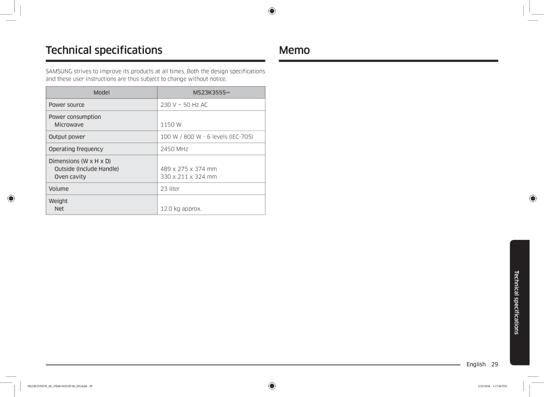 Samsung MS23K3555EW/EE manual Technical specifications Memo 