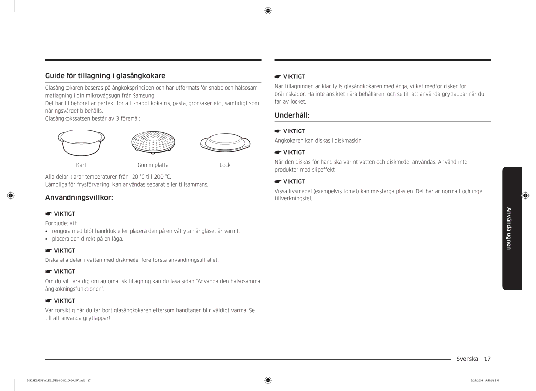 Samsung MS23K3555EW/EE manual Guide för tillagning i glasångkokare, Användningsvillkor 