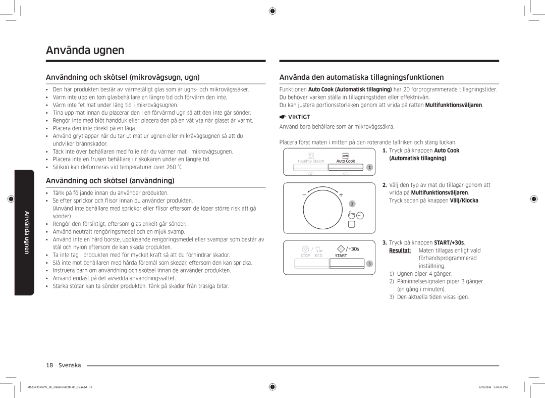 Samsung MS23K3555EW/EE Användning och skötsel mikrovågsugn, ugn, Användning och skötsel användning, Automatisk tillagning 