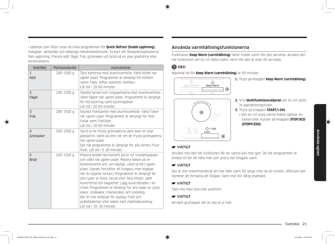 Samsung MS23K3555EW/EE manual Använda varmhållningsfunktionerna, Stopp/Eko 