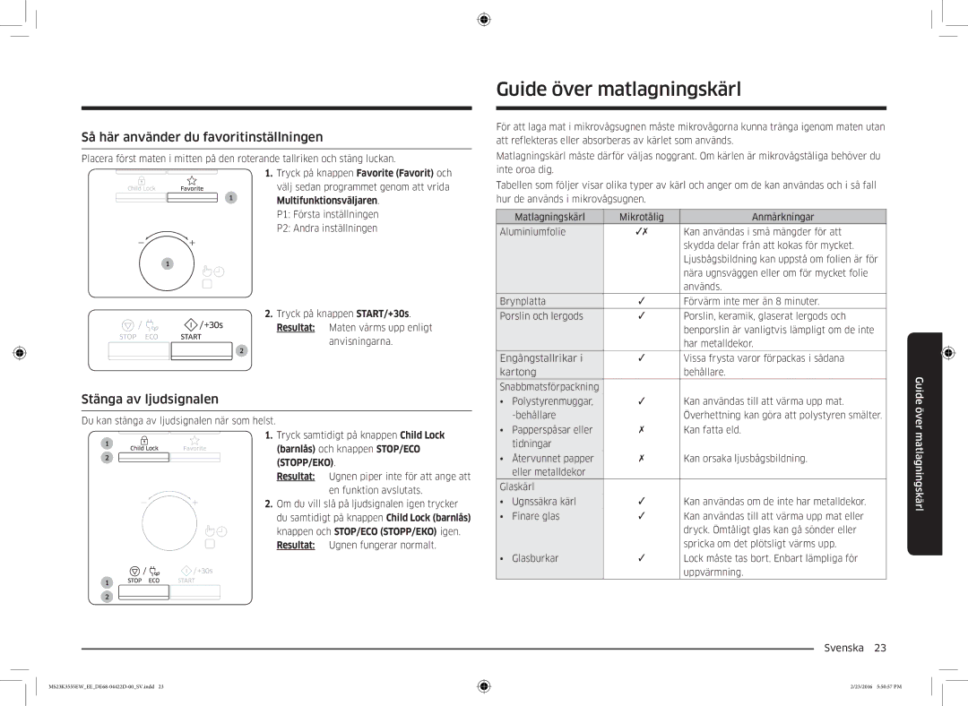 Samsung MS23K3555EW/EE manual Guide över matlagningskärl, Så här använder du favoritinställningen, Stänga av ljudsignalen 