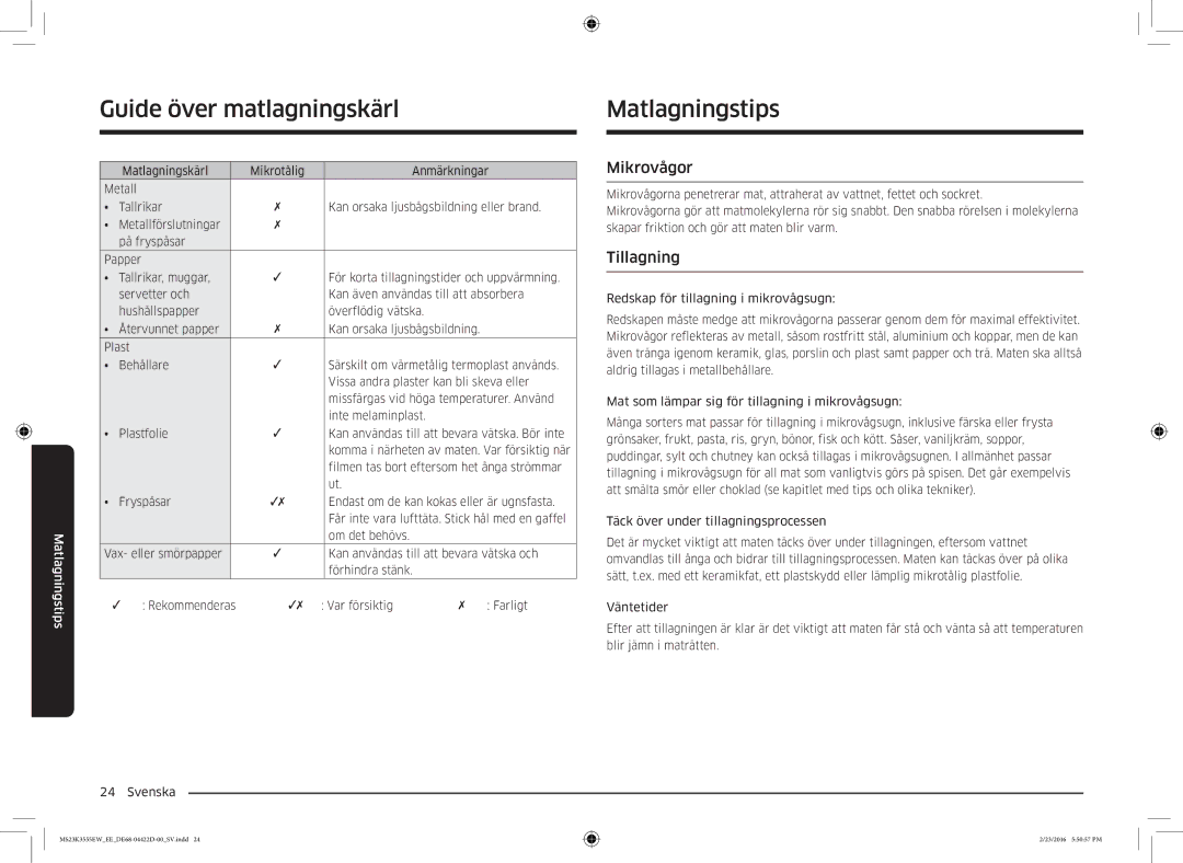 Samsung MS23K3555EW/EE manual Matlagningstips, Mikrovågor, Tillagning 