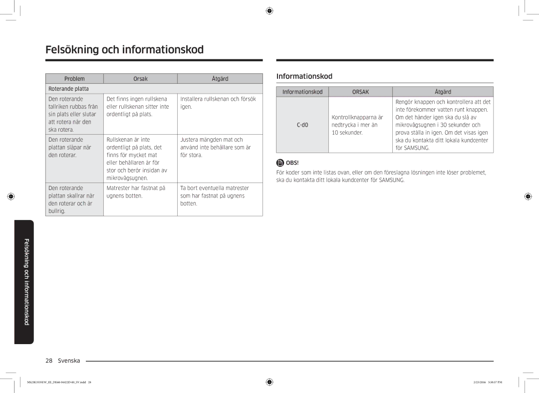 Samsung MS23K3555EW/EE manual Informationskod, Orsak 