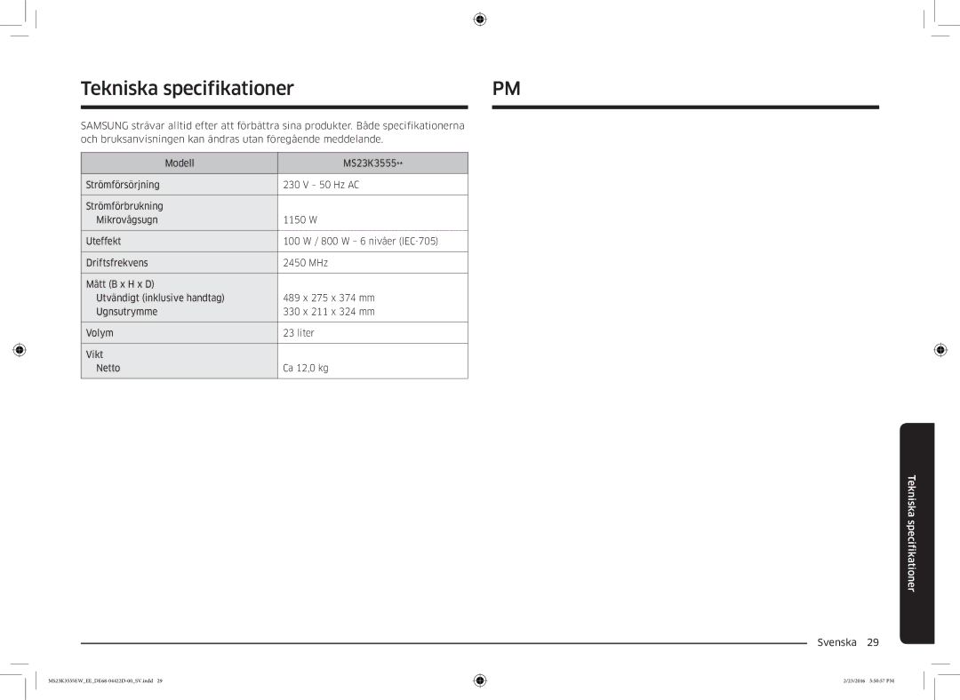 Samsung MS23K3555EW/EE manual Tekniska specifikationer 