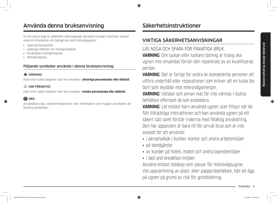 Samsung MS23K3555EW/EE manual Använda denna bruksanvisning, Säkerhetsinstruktioner, Varning, VAR Försiktig 