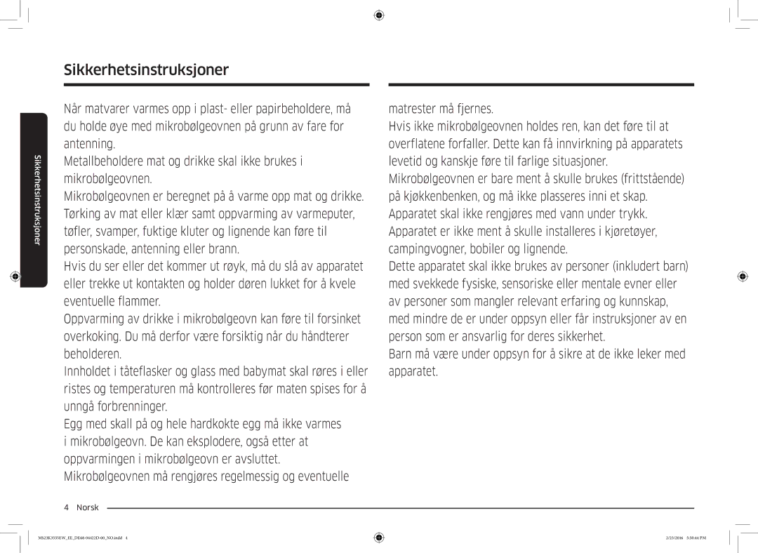 Samsung MS23K3555EW/EE manual Sikkerhetsinstruksjoner 